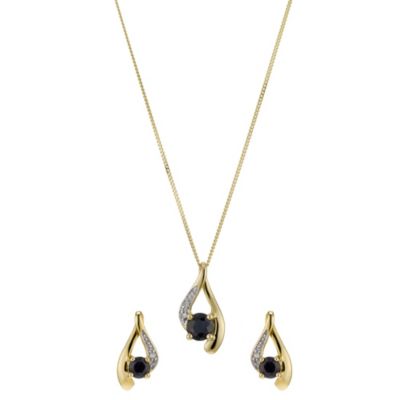 9ct Yellow Gold Diamond & Sapphire Pendant & Earrings Set - Product number 8956103