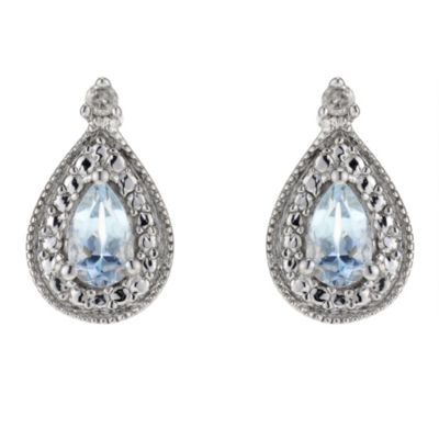 9ct White Gold Diamond and Aquamarine Stone Stud