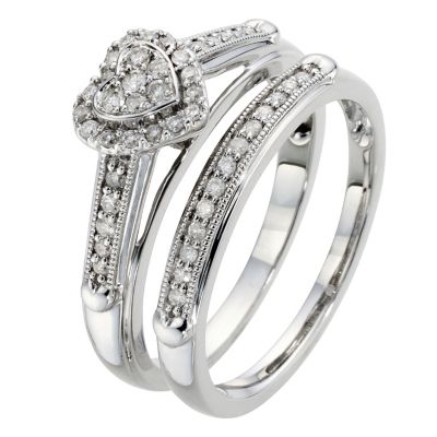 9ct White Gold Diamond Heart Bridal Ring Set - Product number 8967504