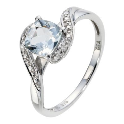 Unbranded 9ct White Gold Diamond and Aquamarine Twist Ring