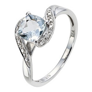 9ct White Gold Diamond and Aquamarine Twist Ring
