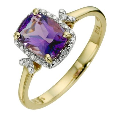 9ct Yellow Gold Diamond and Amethyst Rectangular