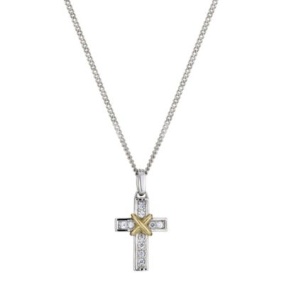 Silver & 9ct Yellow Gold, Cubic Zirconia 16" Cross Pendant - Product number 8974683