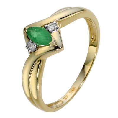 9ct Yellow Gold Diamond and Emerald Marquise Ring