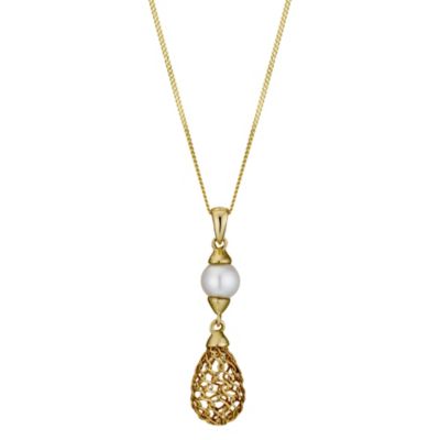9ct yellow gold & pearl, cage 18" drop pendant - Product number 8983399