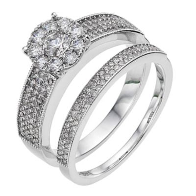 18ct white gold one carat diamond cluster bridal set - Product number 8987106