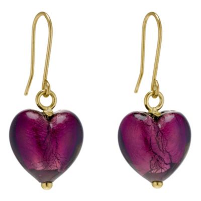 9ct yellow gold purple Venetian glass heart earrings - Product number 8987416