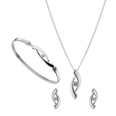 Silver & Cubic Zirconia Earrings, Pendant & Bangle Set - Product number 8988838