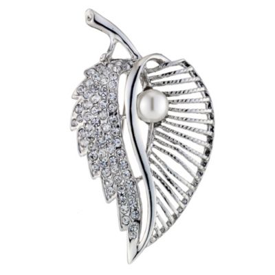 Crystal Pearl Effect Leaf Brooch