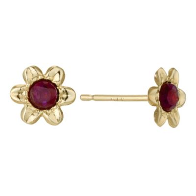 9ct Yellow Gold Garnet Flower Stud Earrings