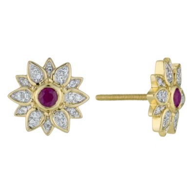 Sattva 22ct Yellow Gold Diamond & Ruby Flower Stud Earrings - Product number 9117504