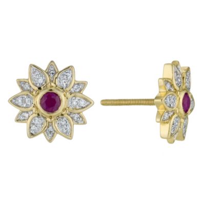 Sattva 22ct Yellow Gold Diamond & Ruby Flower Stud Earrings - Product number 9117741