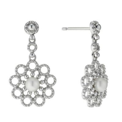 Silver Freshwater Pearl Cubic Zirconia Flower Drop Earrings - Product number 9183000
