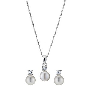 Silver Cubic Zirconia & Cultured Pearl Jewellery SetSilver Cubic Zirconia & Pearl Earrings & Pendant
