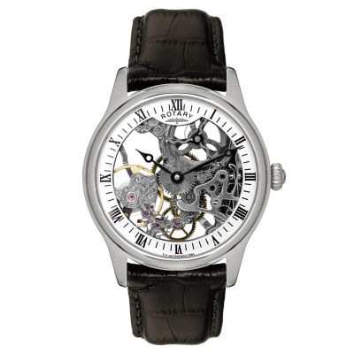Rotary Men's Skeleton Dial Brown Leather Strap Watch