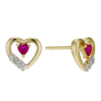 H Samuel 9ct Yellow Gold Diamond and Heart Ruby Earrings