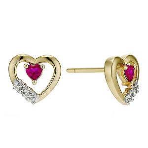 9ct Yellow Gold Diamond and Heart Ruby Earrings