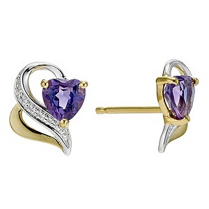 9ct Yellow Gold Diamond & Heart Amethyst Earrings