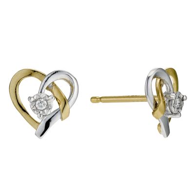 9ct Yellow Gold and Diamond Heart Stud Earrings