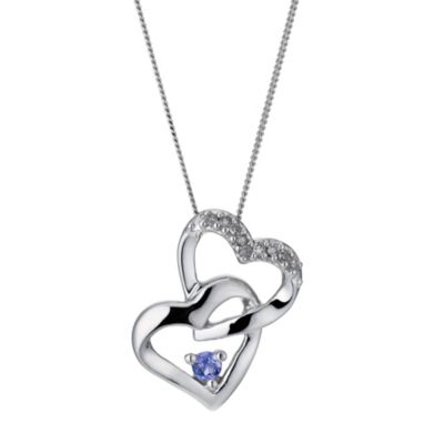 9ct White Gold Diamond & Tanzanite Double Heart Pendant - Product number 9207392