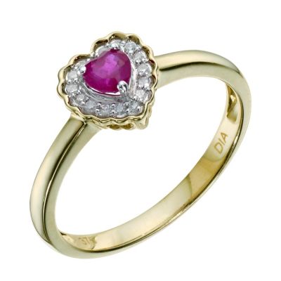 9ct Yellow Gold TreatedRuby and Diamond Heart Ring