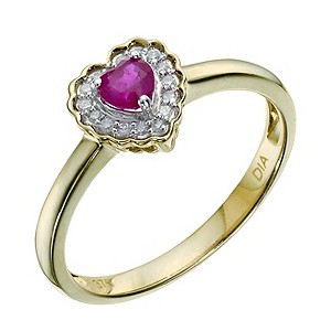 9ct Yellow Gold Treated Ruby and Diamond Heart