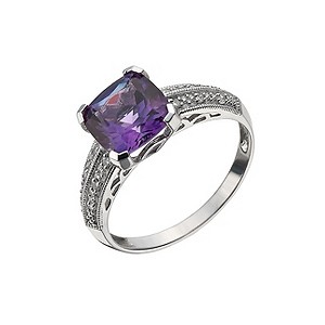 9ct White Gold Amethyst & 0.06 Carat Diamond Square Ring
