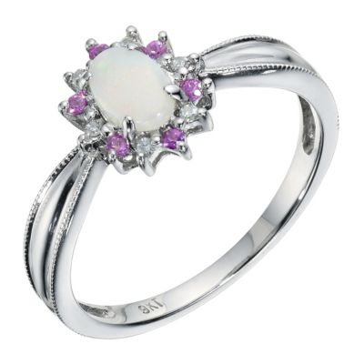9ct White Gold Opal, Pink Sapphire and Diamond
