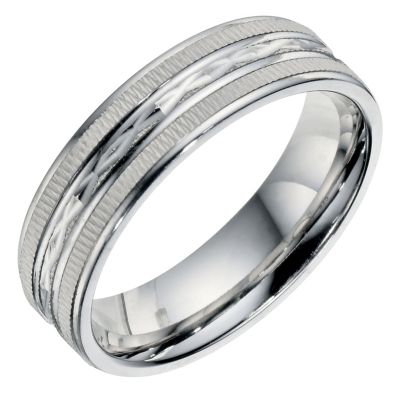 H Samuel Sterling Silver Patterned Groom Ring 6mm