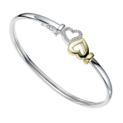 Sterling silver & 9ct gold double heart bangle - Product number 9272909