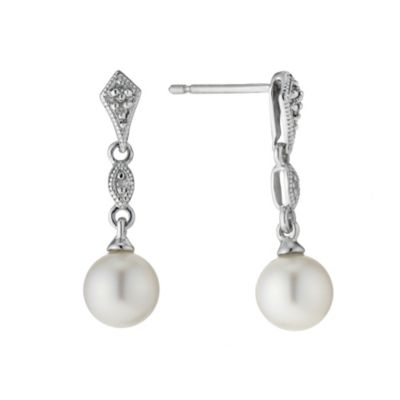 9ct white gold diamond & pearl vintage drop earrings - Product number 9274618