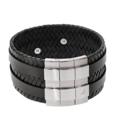 Emporio Armani men's stainless steel black leather bracelet - Product number 9299351