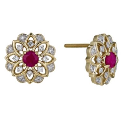 Sattva 18ct Yellow Gold Diamond & Ruby Flower Stud Earrings - Product number 9360980
