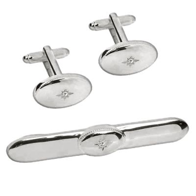 Diamond set cufflinks and tie clip set