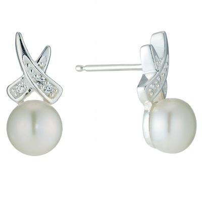 Sterling Silver Cubic Zirconia Pearl Crossover Stud Earrings