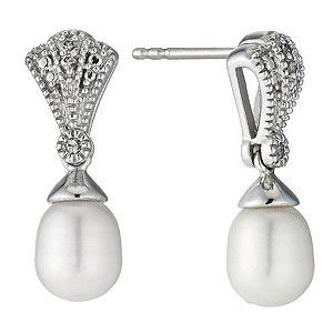 Sterling Silver Diamond Freshwater Pearl Fan Drop Earrings