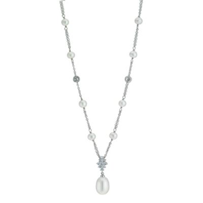 Sterling Silver Cubic Zirconia Pearl Two Chain Necklace