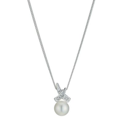 Sterling Silver Cubic Zirconia Pearl Crossover Pendant