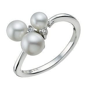 Sterling Silver Cubic Zirconia Freshwater Pearl Trio Ring