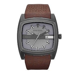 Diesel Men's Large Square Brown Leather Strap Watch