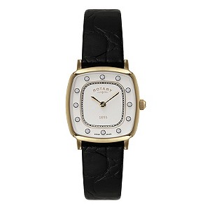 Rotary Ladies' Black Strap Stone Set Cushion Dial Watch