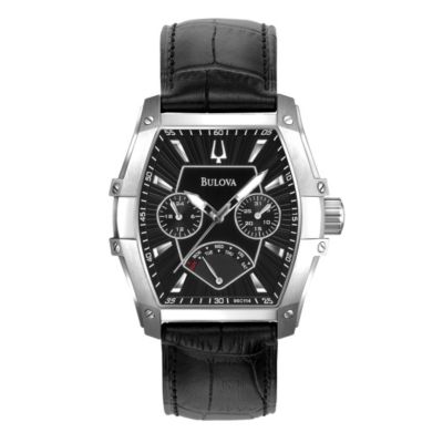 Bulova Men's Tonneau Multi Dial Black Leather Strap Watch
