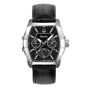 Bulova Men's Tonneau Multi Dial Black Leather Strap Watch