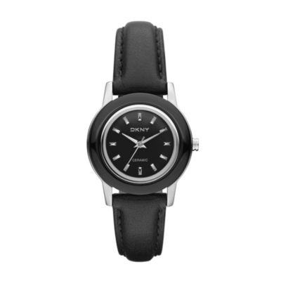 DKNY Ceramic Ladies' Black Leather Strap Watch