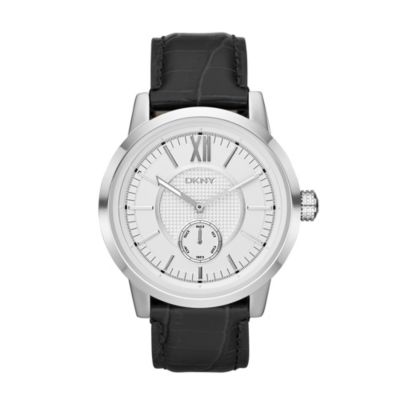 DKNY Men's White Dial Black Leather Strap Watch