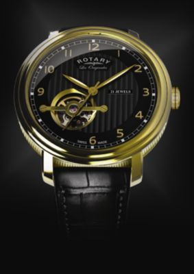 Rotary Jura Men's Gold Plated Black Strap Watch