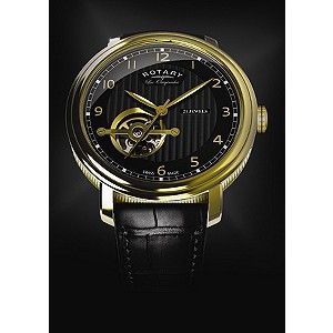 Rotary Jura Men's Gold Plated Black Strap Watch