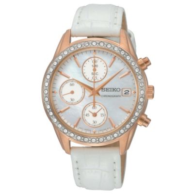 Seiko Ladies' Chronograph Crystal Set White Strap Watch - Product number 9573003
