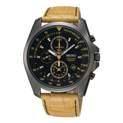Seiko Men's Chronograph Black Dial Tan Leather Strap Watch - Product number 9573186