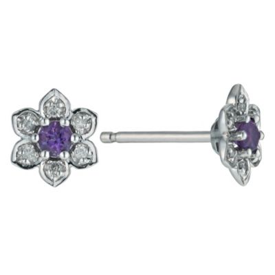 Sterling Silver Amethyst and Diamond Flower Stud